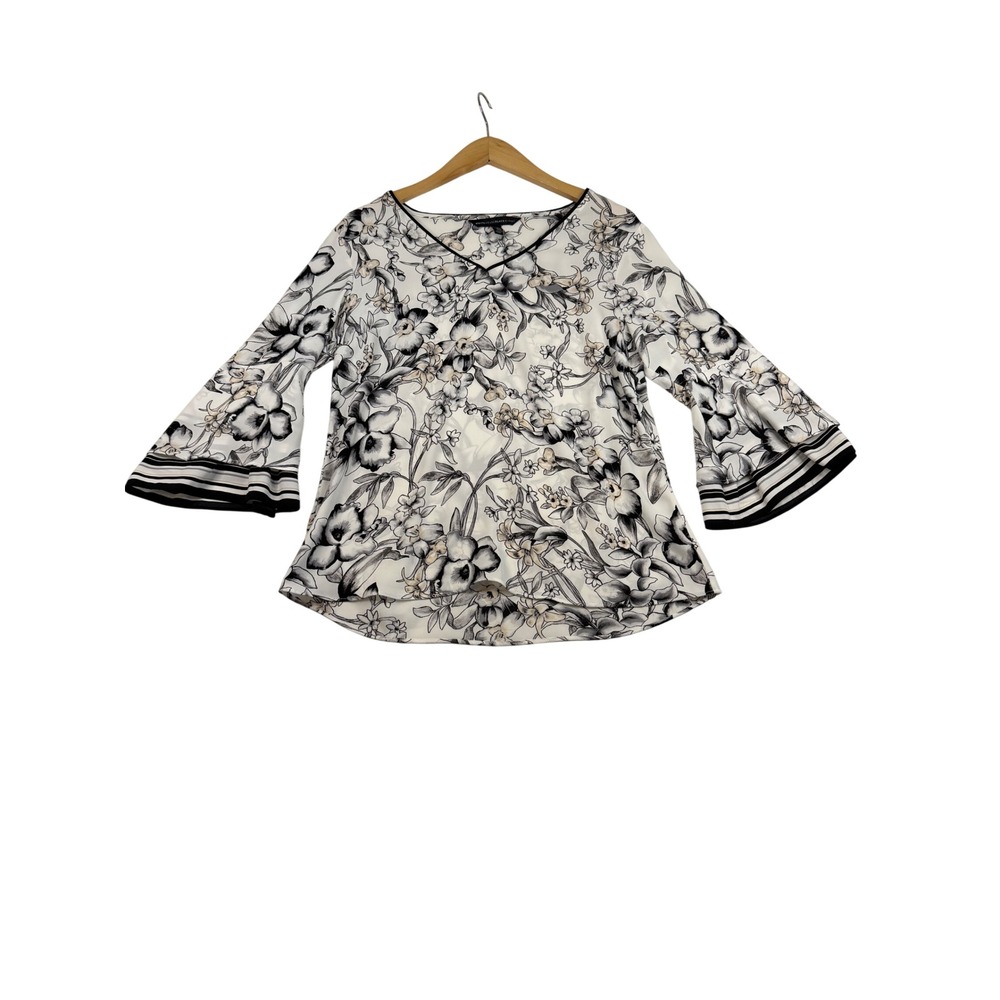 White House Black Market Floral Bell Sleeve V-Neck Blouse Black White Womens 4